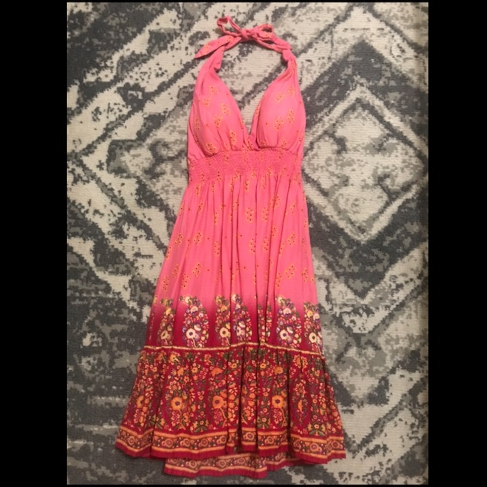Pink floral halter dress with padding fiesta midi